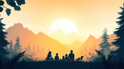 Fototapeta premium Sunrise Picnic in a Lush Meadow, family enjoying quality time, embracing health and nature's beauty, vibrant colors, peaceful atmosphere