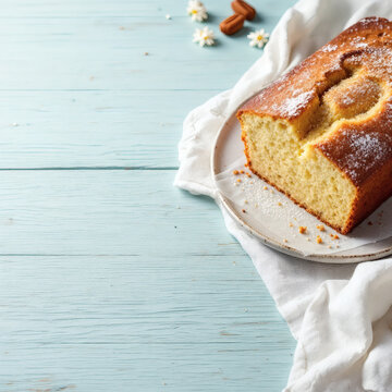 A mouth-watering slice of pound cake on a rustic wooden background, ideal for food photography, recipe blogs, and baking content. Perfect for adding text or branding.
