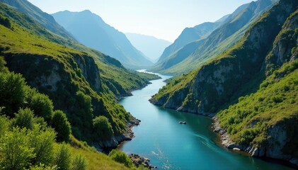 River winding its way through a mountain gorge, vegetation, landscape