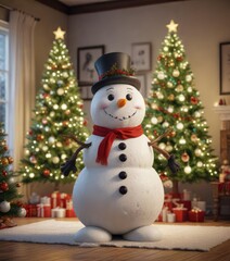 Snowman standing in front of a decorated Christmas tree, berries, snowman
