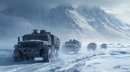 Rugged military trucks traverse snowy arctic landscape amidst majestic mountains reflecting harsh winter conditions and remote wilderness