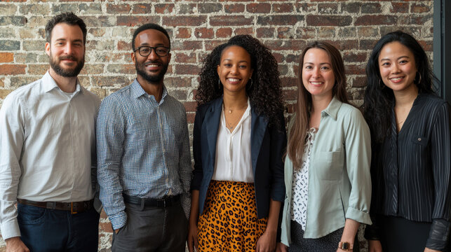 Diverse group of men and women standing against brick wall smiling and posing in casual business attire