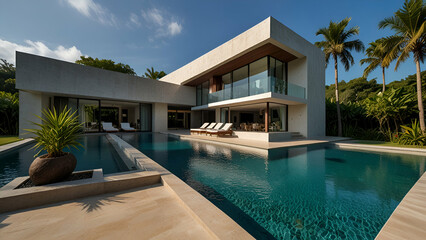 Fototapeta premium Elegant Modern Poolside Villa Surrounded by Palm Trees in Warm Tropical Summer Daytime Light