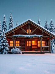 Snowy scene in front of a warm and inviting wooden cabin, cozy, rustic