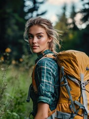 A young woman with a backpack hiking in the woods. She's dressed for an adventurous hike and is looking into the distance.