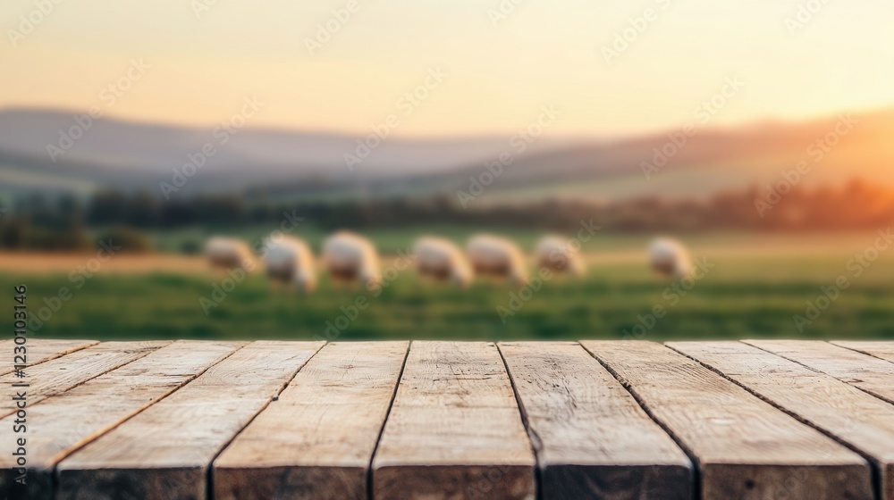 Poster empty wooden table overlooking sheep grazing in a field at sunset