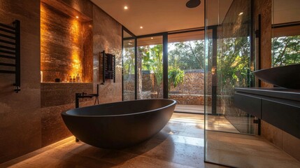 A cozy bathroom with a matte black bathtub, warm lighting, and a spacious glass-walled shower.