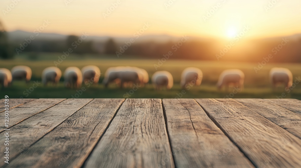 Aufkleber empty wooden table overlooking sheep grazing in a field at sunset