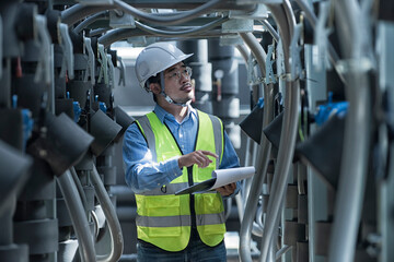 mechanic at work. Male engineer inspects and controls the cooling system of a large factory air...