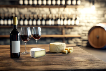 A stylish arrangement of red wine, glasses, and assorted cheeses on a rustic table, with a wine rack in the background, creating a cozy ambiance.