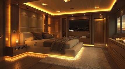 Luxurious bedroom interior with ambient lighting, modern furniture, and serene sunset view
