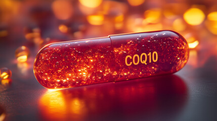 Bright red-orange CoQ10 softgel capsules, glowing with vibrant beads inside, representing health, energy, and vitality supplements.