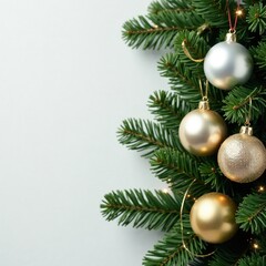 Fototapeta premium Silver and gold metallic ornaments wrapped around a sprig of fir, fir, silver, gold