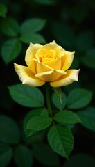 Single delicate yellow rose bloom against rich dark green foliage, floral arrangement, roses, botanical
