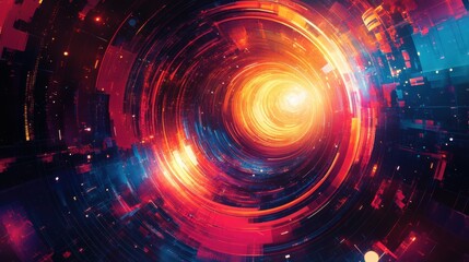 Obraz premium Futuristic Technology Background Abstract Swirling Circles Bright Red Orange Energy Digital Art