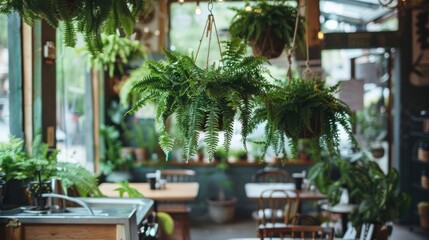 Fototapeta premium Lush green ferns hanging in a cozy café, creating a serene atmosphere with plants indoors