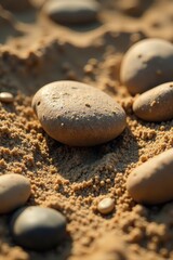 Mud-caked stones and wet sand texture close-up, stone texture, ground