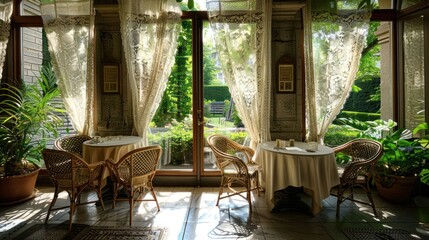 Fototapeta premium Serene indoor dining area with lace curtains, lush greenery outside, and peaceful ambiance