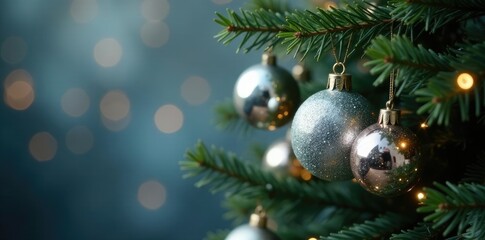 Sparkling silver ornaments hang from a dark green fir tree branch, winter wonderland, silver ball decorations, festive
