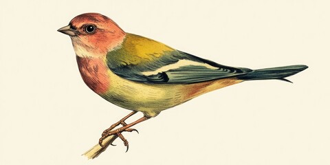 Bird image with a cute face and yellow wings perched on a branch. Colorful and lively representation of nature's diversity.