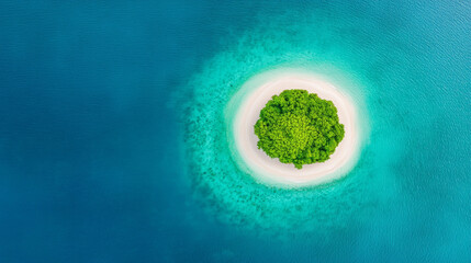 Aerial view of tropical island surrounded by turquoise water and sandy beach