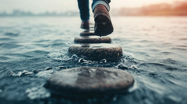 Navigating Industrial Risks, a worker traverses broken chains over water, symbolizing the challenges and bold decisions in business transitions