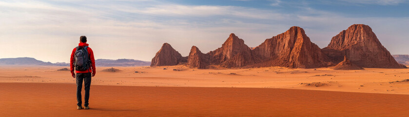 Naklejka premium traveler in red jacket stands on sand dunes, gazing at rocky mountains in desert landscape