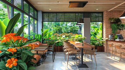 Fototapeta premium Bright and inviting café interior with vibrant flowers, greenery, and a cozy atmosphere