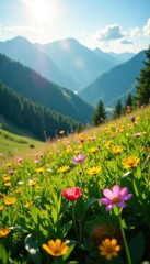 Fototapeta premium Sunlight warms the grass and flowers in a mountain meadow, ukrainian carpathians, flowers, meadow