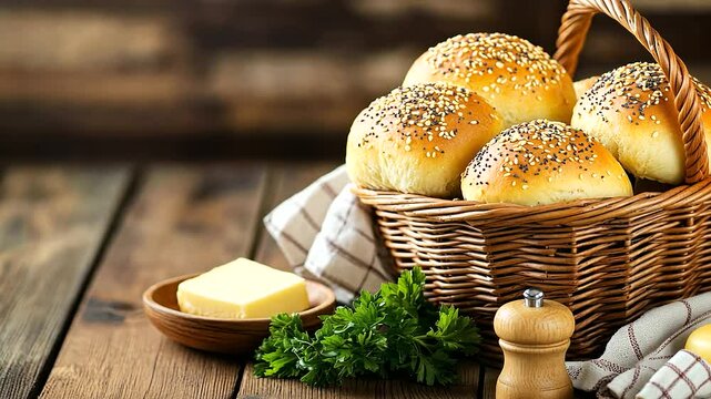 A wicker basket brimming with golden homemade bread rolls topped with sesame and poppy seeds sits on a rustic wooden kitchen table, accompanied by a small dish of butter, fresh par