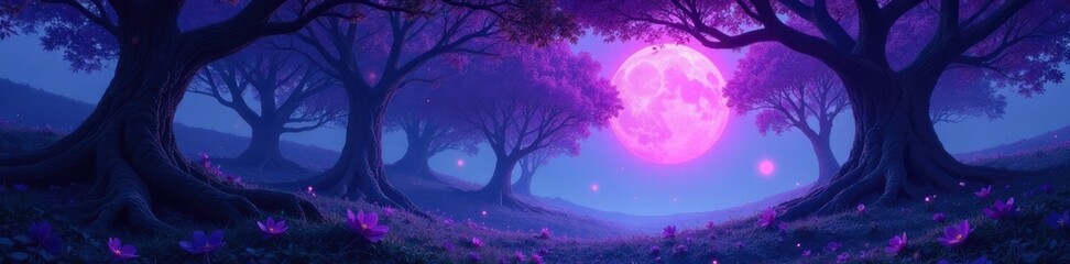 Obraz premium Surreal, dreamlike landscape of twisted trees and glowing purple orbs, abstract, ethereal, dreamy