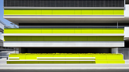 Lime green building, plants, urban setting