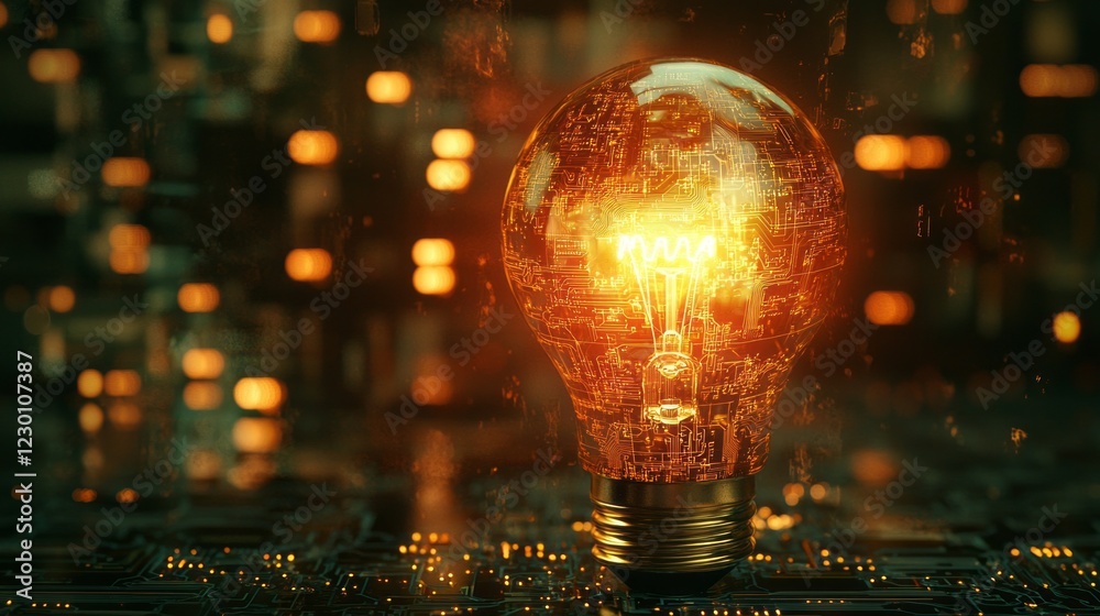 Poster Bright filament shines brilliantly in a surreal environment, casting a warm glow over abstract patterns and soft lights. The atmosphere combines elegance and technology seamlessly