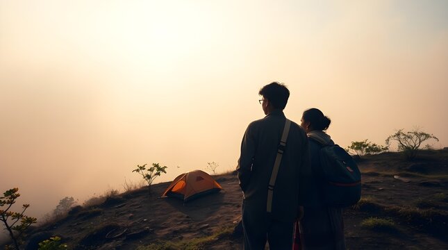 A young college couple experiencing sunset from top of the western ghats of India