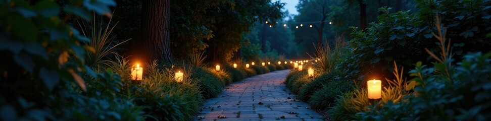 Fototapeta premium A candlelit garden path winds through overgrown vegetation, ambient, twilight, tranquility