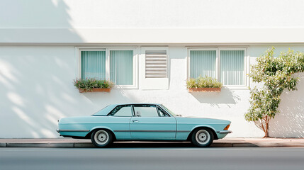 Classic blue coupe parked against a minimalist white building under soft daylight in an urban setting. Generative AI