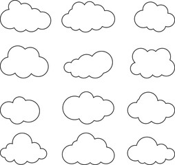 Cloud icon, set of white clouds with outline, set of various white clouds. Vector, cartoon illustration. Vector.