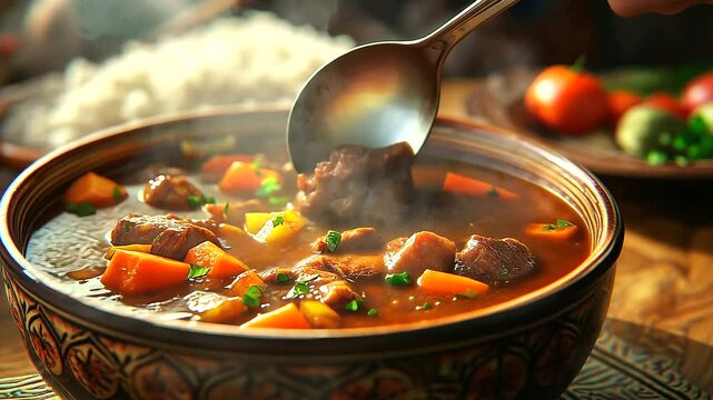 Close-up of a ladle scooping out rich, flavorful beef stew from a ceramic pot, with chunks of beef and colorful vegetables, rice in the background invitingly plated.