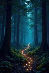 A dark forest with a serpentine trail of twinkling stars beneath the canopy, mysterious, glowing leaves