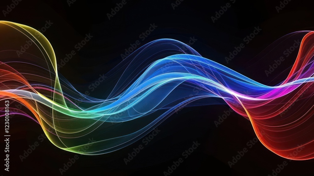 Poster colorful abstract wave patterns flowing gracefully against a dark background, creating a dynamic vis