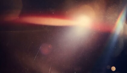 Vintage retro photo overlay with dramatic lens optical flares, glowing glare effects, and subtle grunge textures, realistic scratches and dust particles, film noise and grain, bold red tint, abstract 
