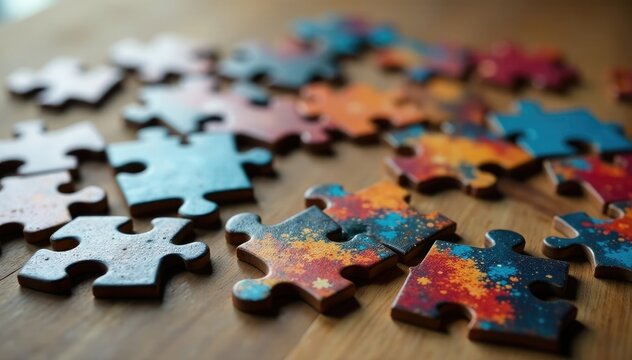 A jigsaw puzzle on a wooden table with some pieces slightly out of place, jigsaw, puzzle, uneven