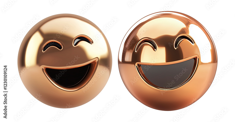 Poster two shiny 3d smiling emojis in copper and bronze tones, isolated on transparency background