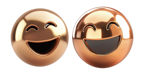 Two shiny 3D smiling emojis in copper and bronze tones, isolated on transparency background