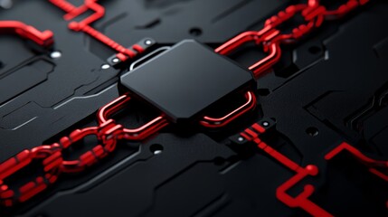 Abstract Circuitry:  A captivating macro shot reveals intricate red circuitry and a gleaming black square chip, embodying the power and complexity of modern technology.  
