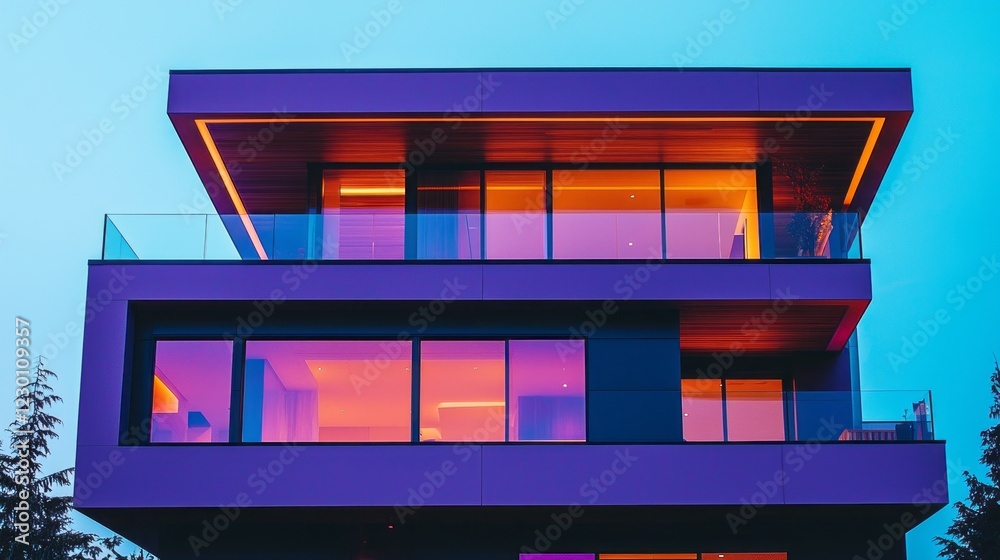 Poster nestled in vancouver, this striking modern home presents bold design and vivid lighting against a tw
