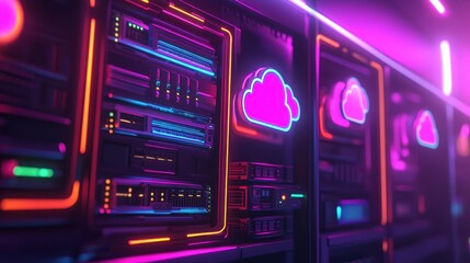 Obraz premium Visually Stunning Server Rack with Holographic Cloud Elements