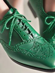 Obraz premium A pair of green, lace-up women's dress shoes with a vintage style and high heels. Perfect for evening wear or formal events.