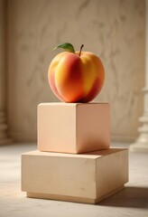 Peach cube on beige pedestal with shallow depth of field, depth of field, peach