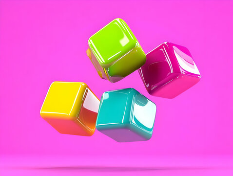 Fototapeta Colorful cubes float, pink background, playful design, website graphics